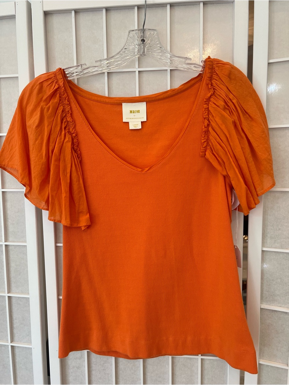 Anthropologie Orange V-Neck Flutter Sleeve Tee
